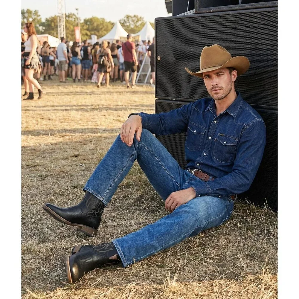 Men's Black Western Boots Slip Resistant Country Boot Retro Classic Embroidered